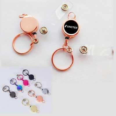 Mini Round Metal Retractable Badge Reel Clip With PVC Strap and Keyring